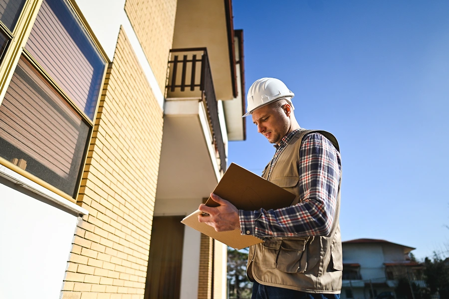 Construction worker examining building plans